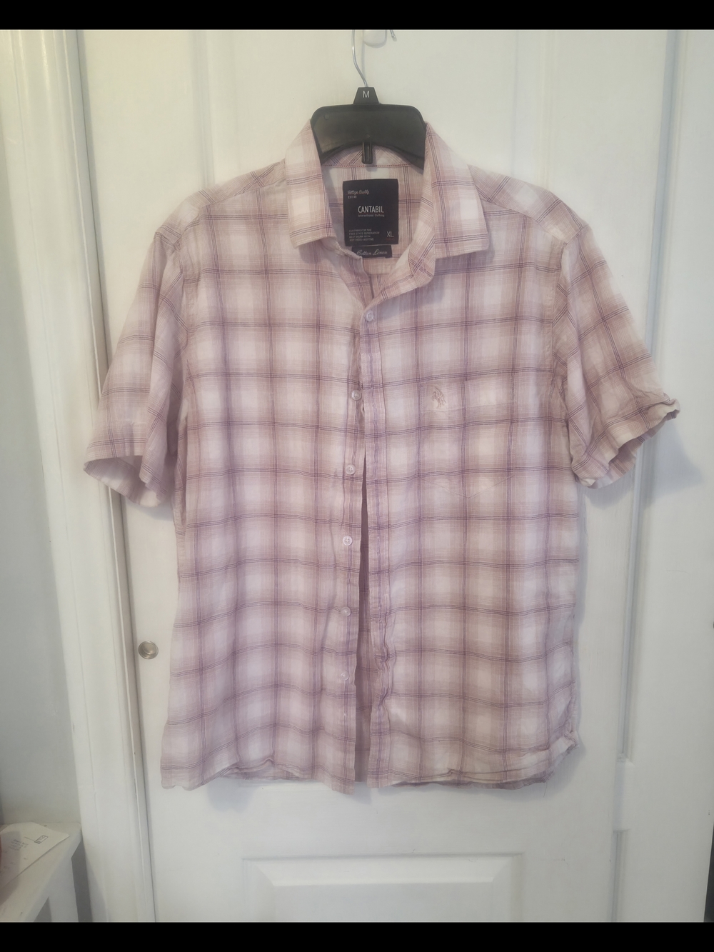 Cantabil Pink Plaid Short Sleeve Men's XL Cotton Linen Summer Button Up Shirt